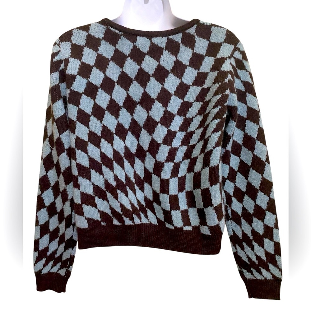 Witty Fox Light Blue Brown Argyle Sweater Cropped Oversized Preppy Academia XS - Picture 3 of 9